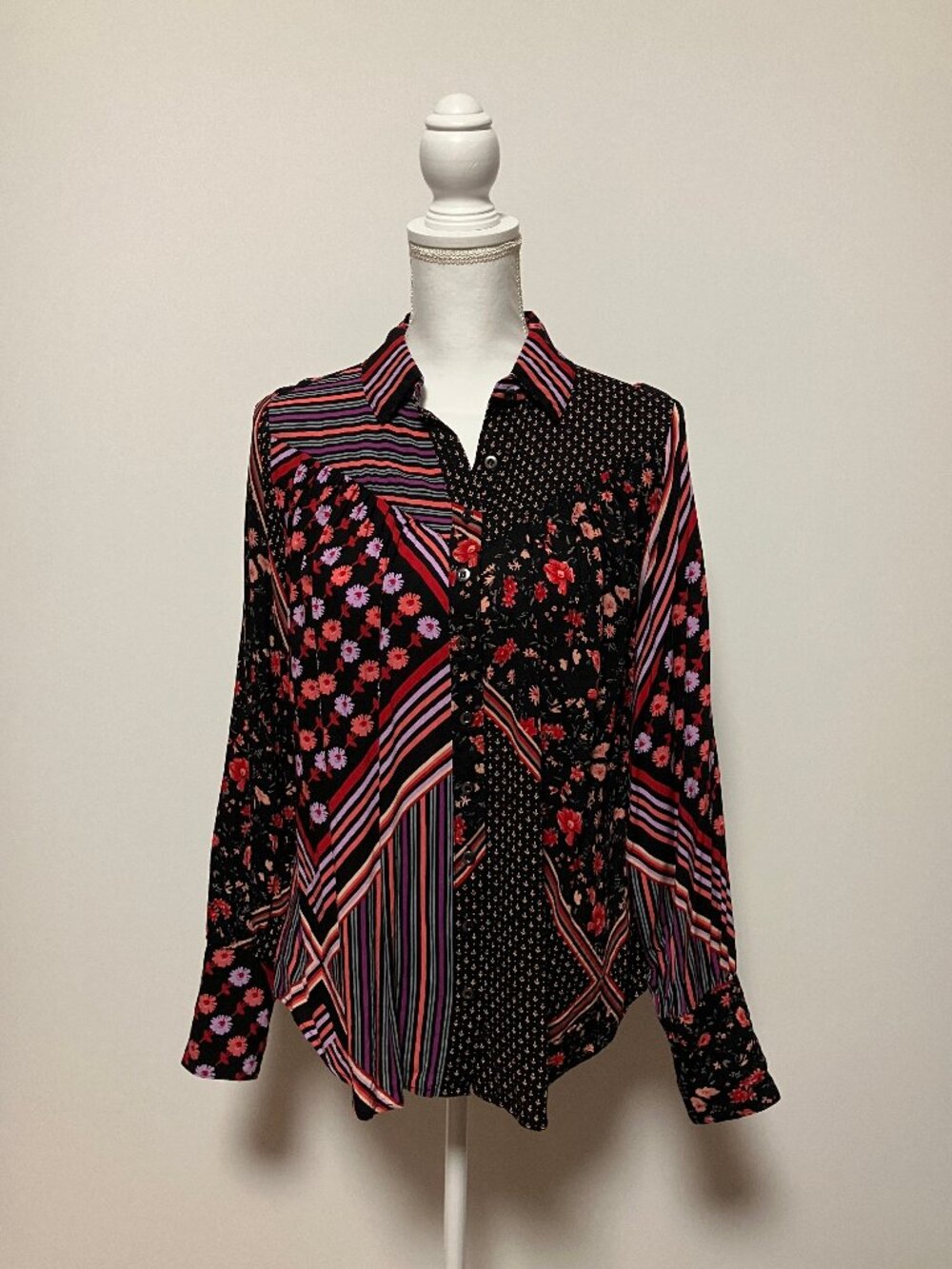 Free People Hazel Buttondown Blouse, Black Combo, Women's Size XS, Patchwork
